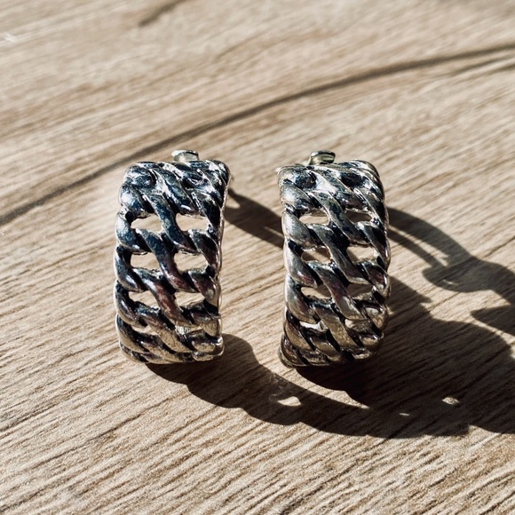 Vintage Silver Tone Chain Link Clip On Earrings Unique Punk Chic - Picture 3 of 5